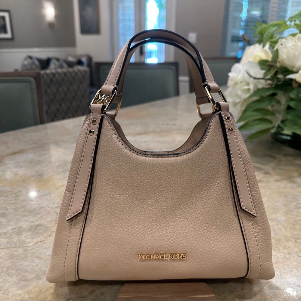 MICHAEL KORS MK Arlo Small Pebbled Leather Crossbody Shoulder Bag Blush Beige